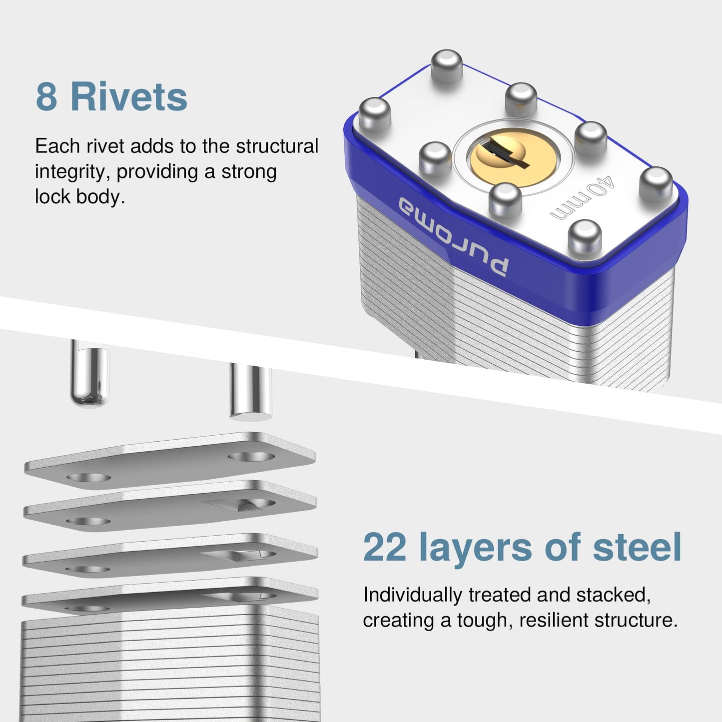 Puroma Lock 1 Pack Padlocks, 1-1/2” Long Shackle Heavy-Duty Locks with 2 Keys, 40mm Hardened Steel Keyed Alike Padlocks for Sheds, Gates, Fences, Toolbox, Outdoor and Indoor Use（Silver）