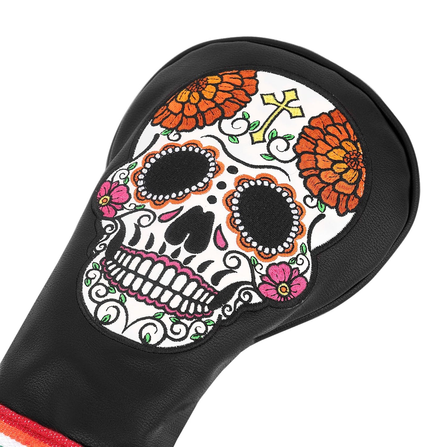 SHABIER Black Golf Hybrid Headcover with Organ Flower Embroidery Sugar Skull Design for Golf Club
