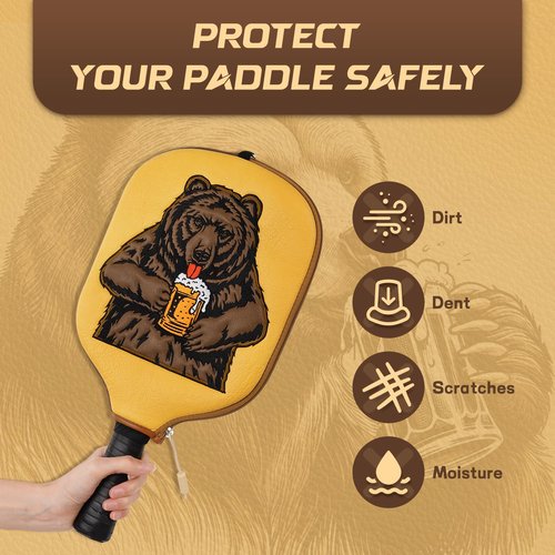 Big Crazy Pickleball Paddle Cover - Leather Case With Hangable Hook, Zipper for Paddle Protection - Bear Design - Gift for Players