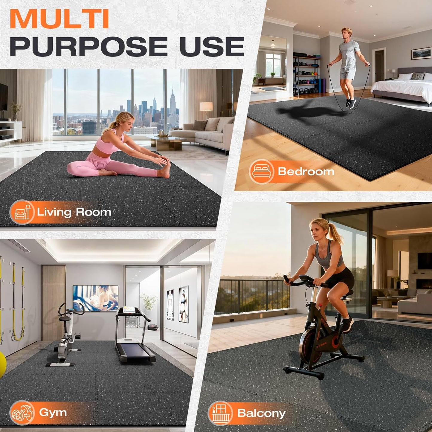 Skiennix Non-Slip Rubber Top Exercise Mats - 24 Pcs, 96 Sq Ft High Density EVA Foam, Black