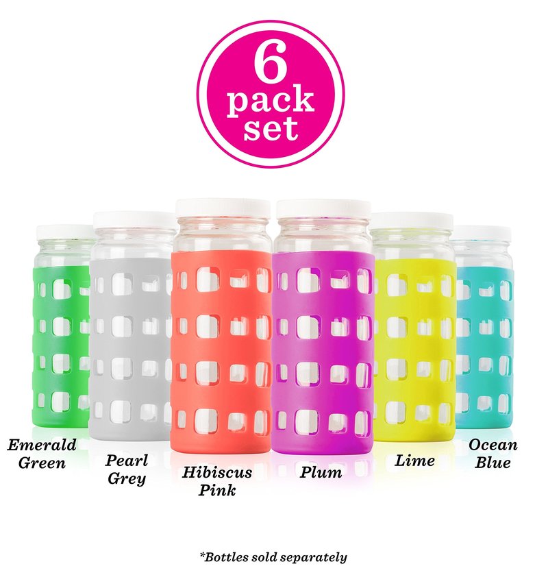 Silicone Glass Water Bottle Sleeves - 6-Pack of Protective Holders 16-18 oz Capacity - Anti-Slip Protection for Beverage Containers - Insulating Carriers for Smoothies and Juices (Vibrant Colors)