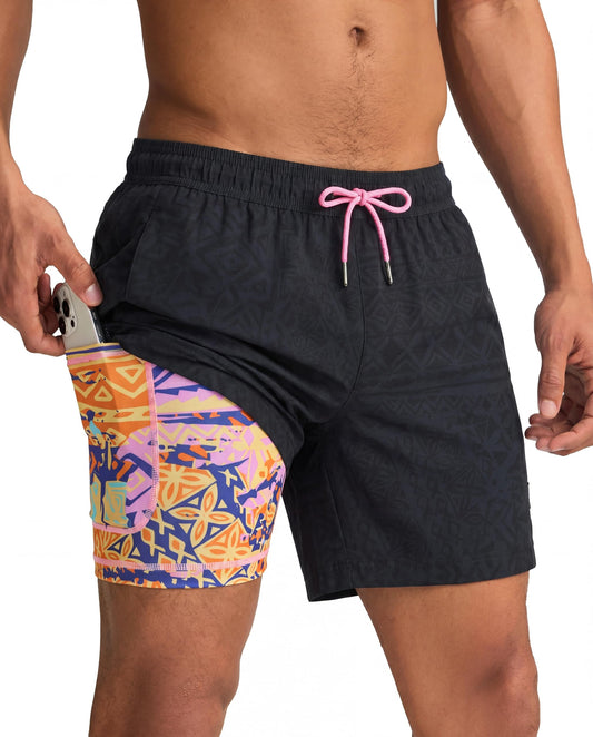 maamgic Mens Swim Trunks with Compression Liner 5 Inch, Quick Dry Bathing Suit with Zipper Pockets, Stretch No-Chafing Swim Shorts, Totem X-Small
