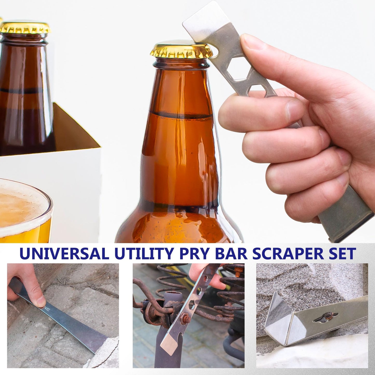 STAHONE 2-Piece Stainless Steel Pry Bar Scraper Set - 9-1/2" Flat Pry Bar and 6-11/16" Mini Crowbar with Socket Wrench, Bottle Opener, Molding, Nail Puller, Scraper and Baseboard Removal Tool