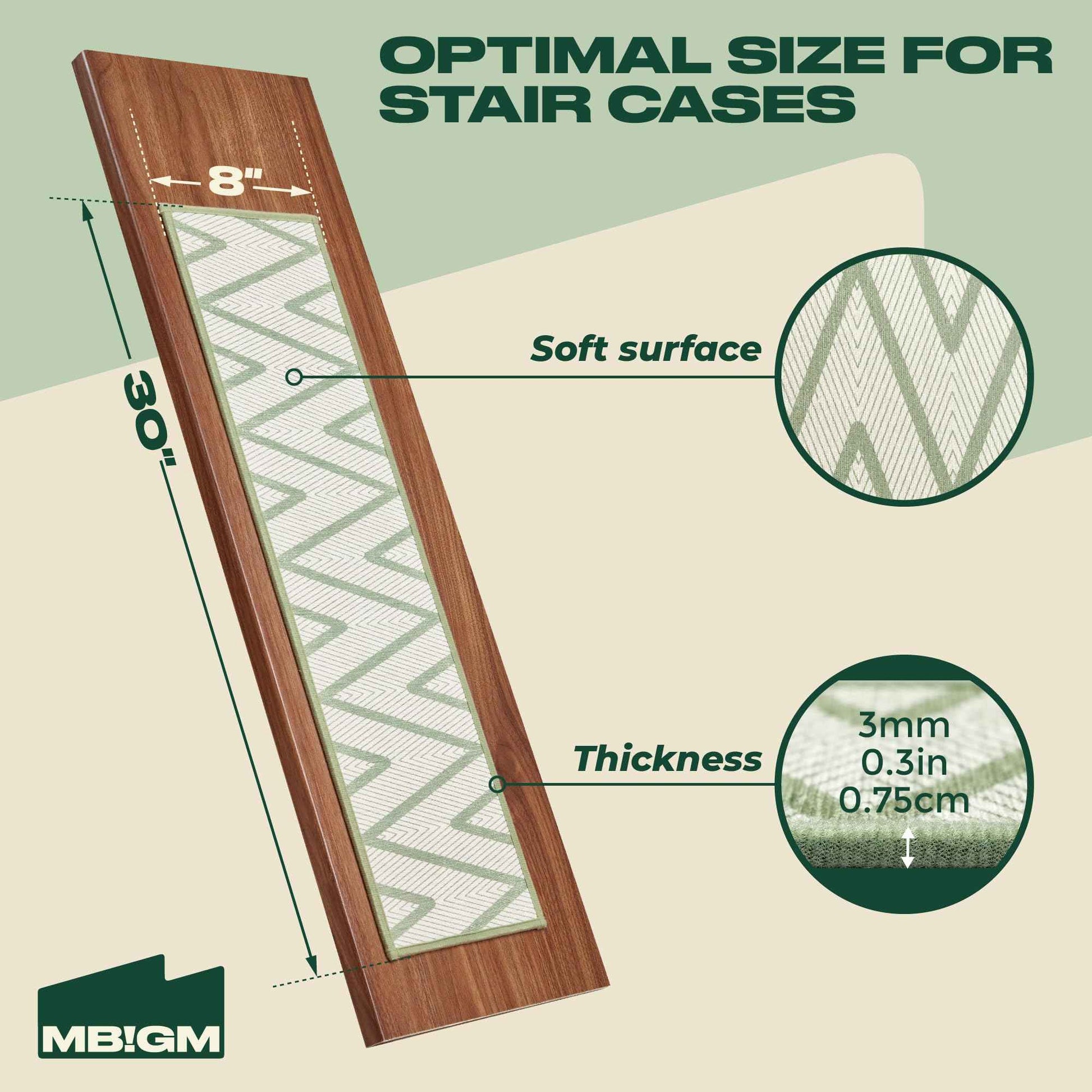 MBIGM 8" X 30" (15 in Pack) Non-Slip Carpet Stair Treads Non-Skid Safety Rug Slip Resistant Indoor Runner for Kids Elders & Pets with Reusable Adhesive - Ripple Green