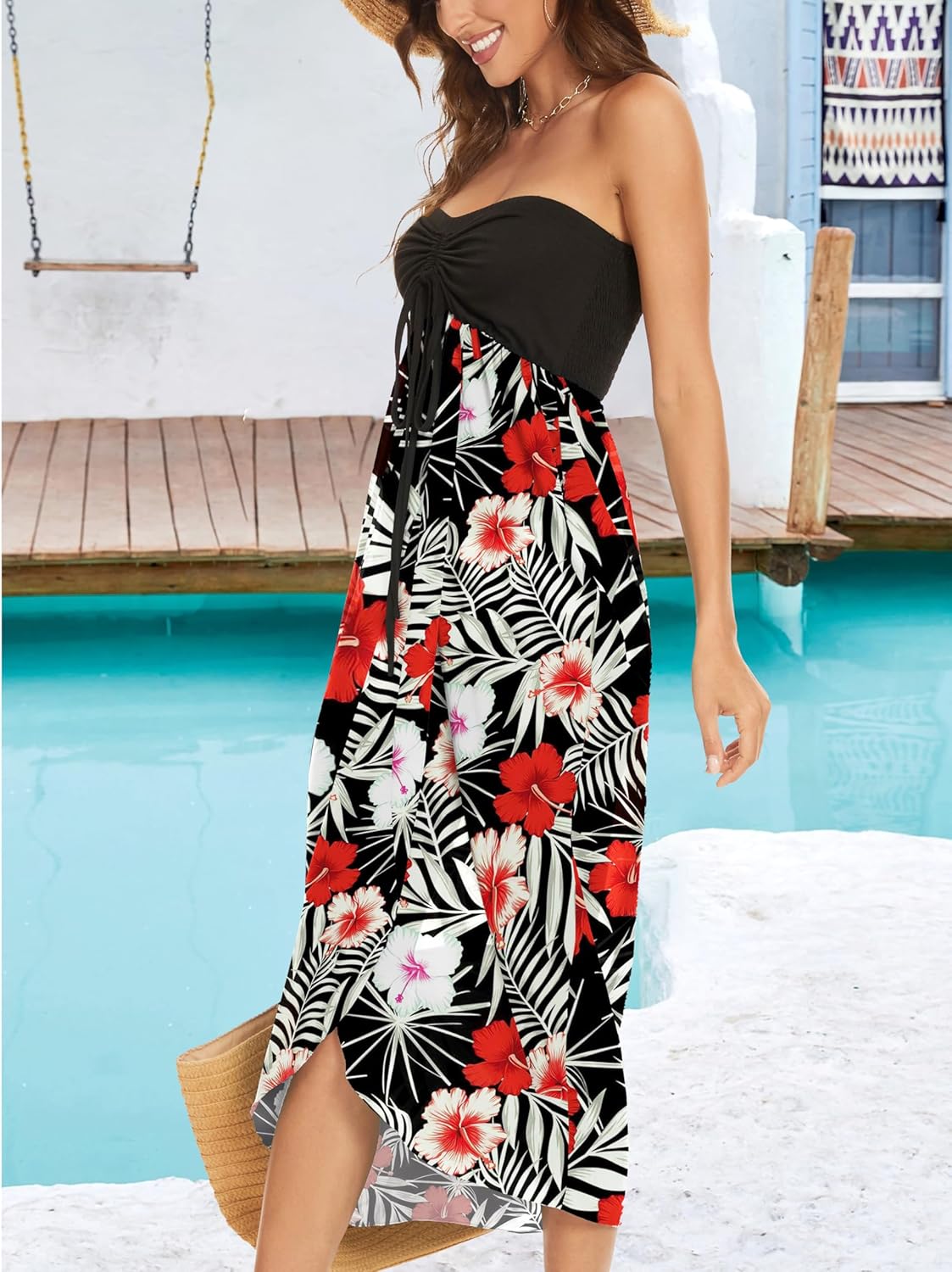 Skiennix Women's Maxi Beach Dress - Stylish Strapless Hawaiian Sundress | Asymmetrical Wrap Design