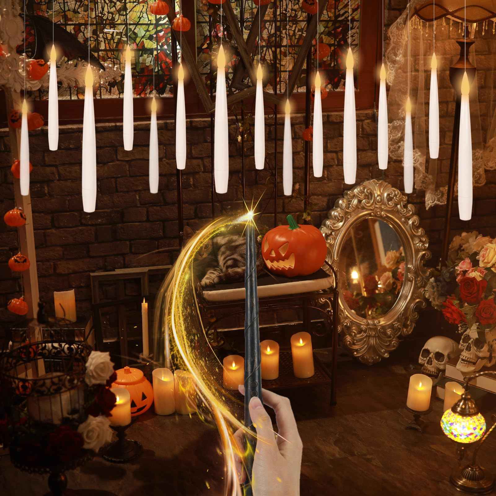 DRomance 22pcs Floating Flameless Candles with Wand Remote and Timer, Battery Operated Magic Hanging LED Flickering Window Taper Candles Warm Light Halloween Lights Decoration(0.45" x 6.1")