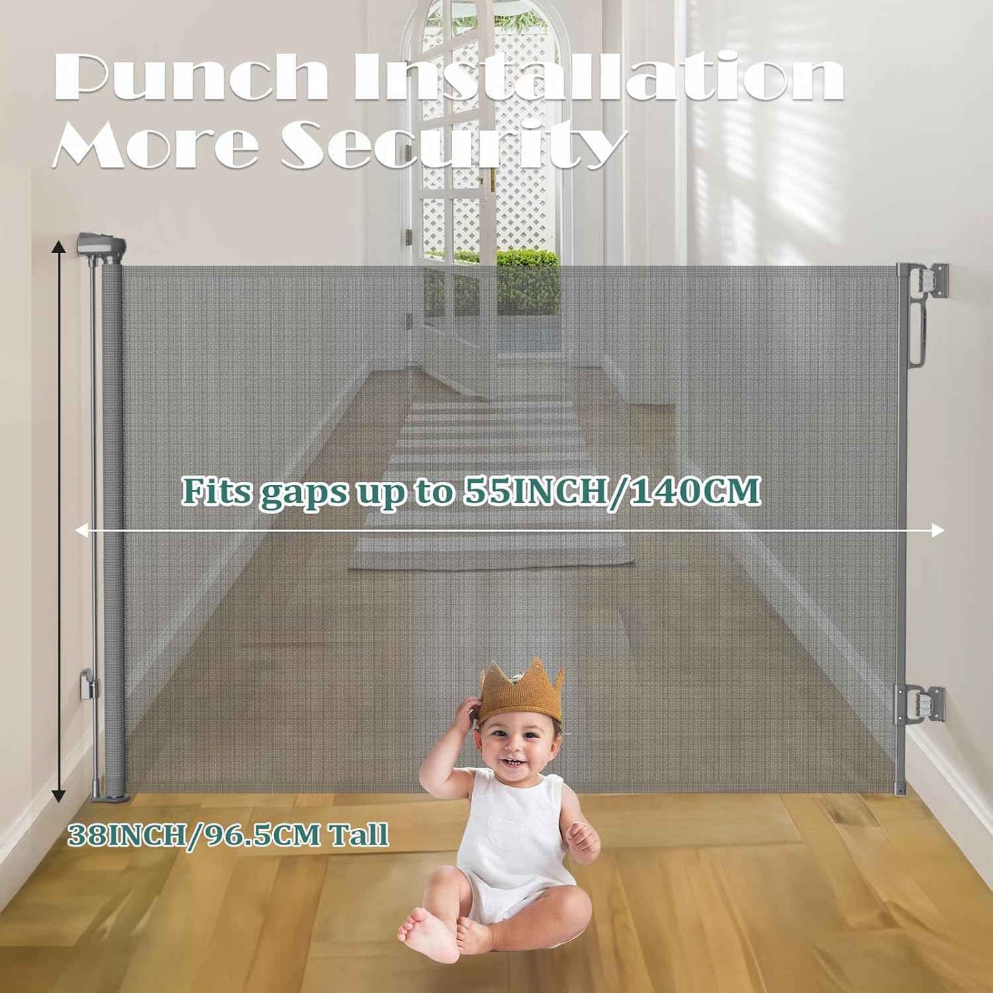 Extra Wide Retractable Baby Gate 55” x 38” | Child & Dog Safety Gate for Stairs, Doorways, Indoor/Outdoor - Gray