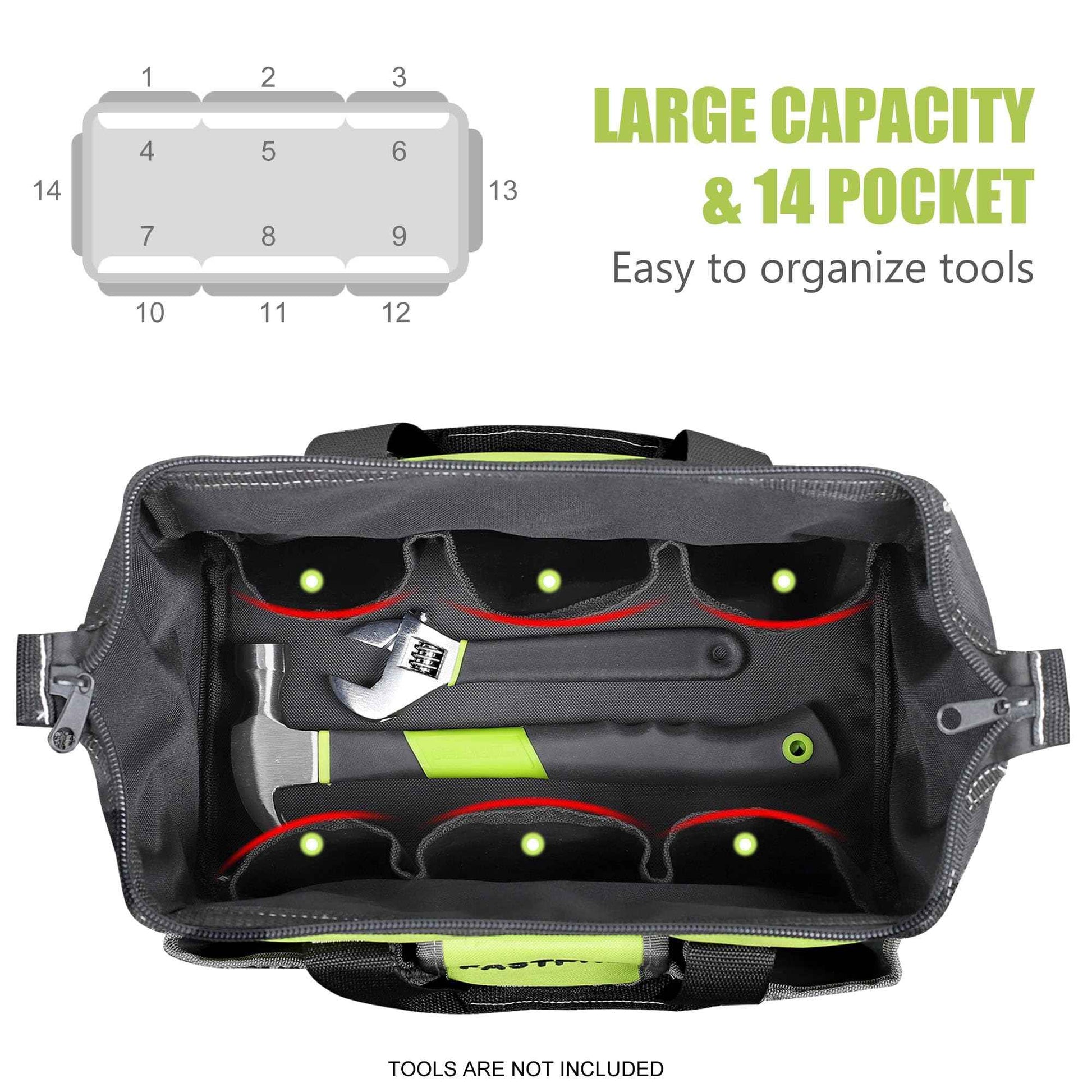 FASTPRO 13-inch Wide Mouth Tool Bag, Multi-pocket Tool Organizer with Adjustable Shoulder Strap