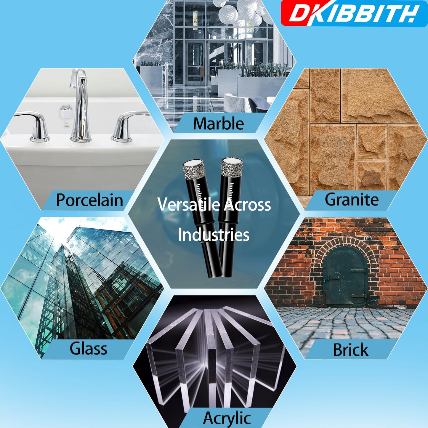 DKIBBITH 7 Pack Dry Diamond Drill Bits & Tile Drill Bits Set for Ceramic, Porcelain, Marble, Granite, Stone, Glass - Round Shank 3/16", 1/4"(x2), 5/16", 3/8", 1/2"+1 Pack Masonry Drill Bit 1/4"