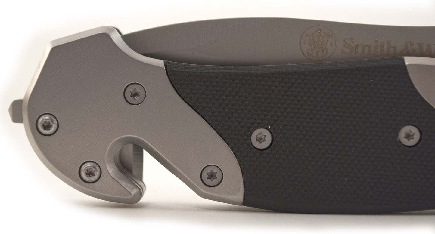 Smith & Wesson SWFRS 8in High Carbon S.S. Folding Knife with 3.3in Drop Point Serrated Blade and S.S. with G-10 Inlay Handle for Outdoor, Tactical, Survival and EDC