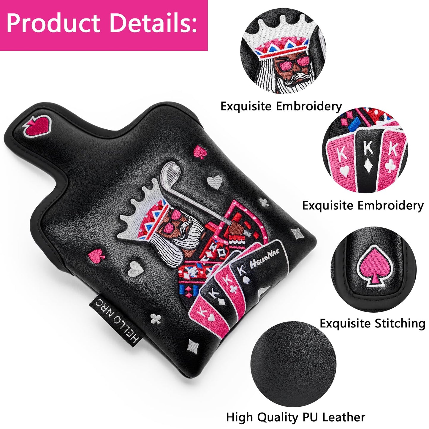 Gbourly Golf Club Poker King Square Mallet Putter Head Cover Black Magnetic Closure Heel Shafted PU Leather Headcovers