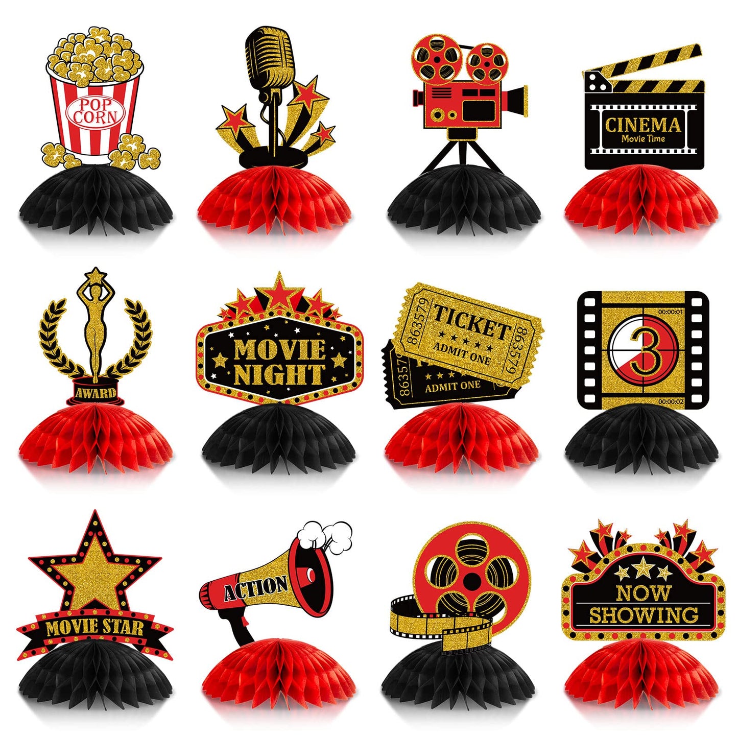 Pajean 12 Pieces Movie Night Party Decorations Supplies Movie Theater Centerpiece Honeycomb 3D Ticket Popcorn Star Table Topper Decor for Birthday Party Favors(Red)