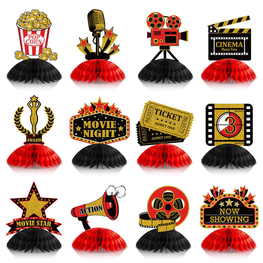 Pajean 12 Pieces Movie Night Party Decorations Supplies Movie Theater Centerpiece Honeycomb 3D Ticket Popcorn Star Table Topper Decor for Birthday Party Favors(Red)