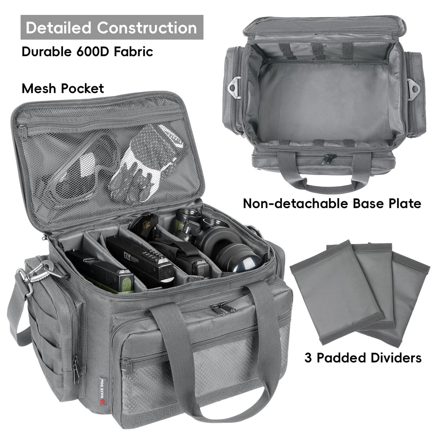 DULCE DOM Tactical Gun Range Bag for Handguns & Pistols - Lockable Compartment, Ammo Storage, Magazine Slots, Durable Range Essentials Bag (GREY)