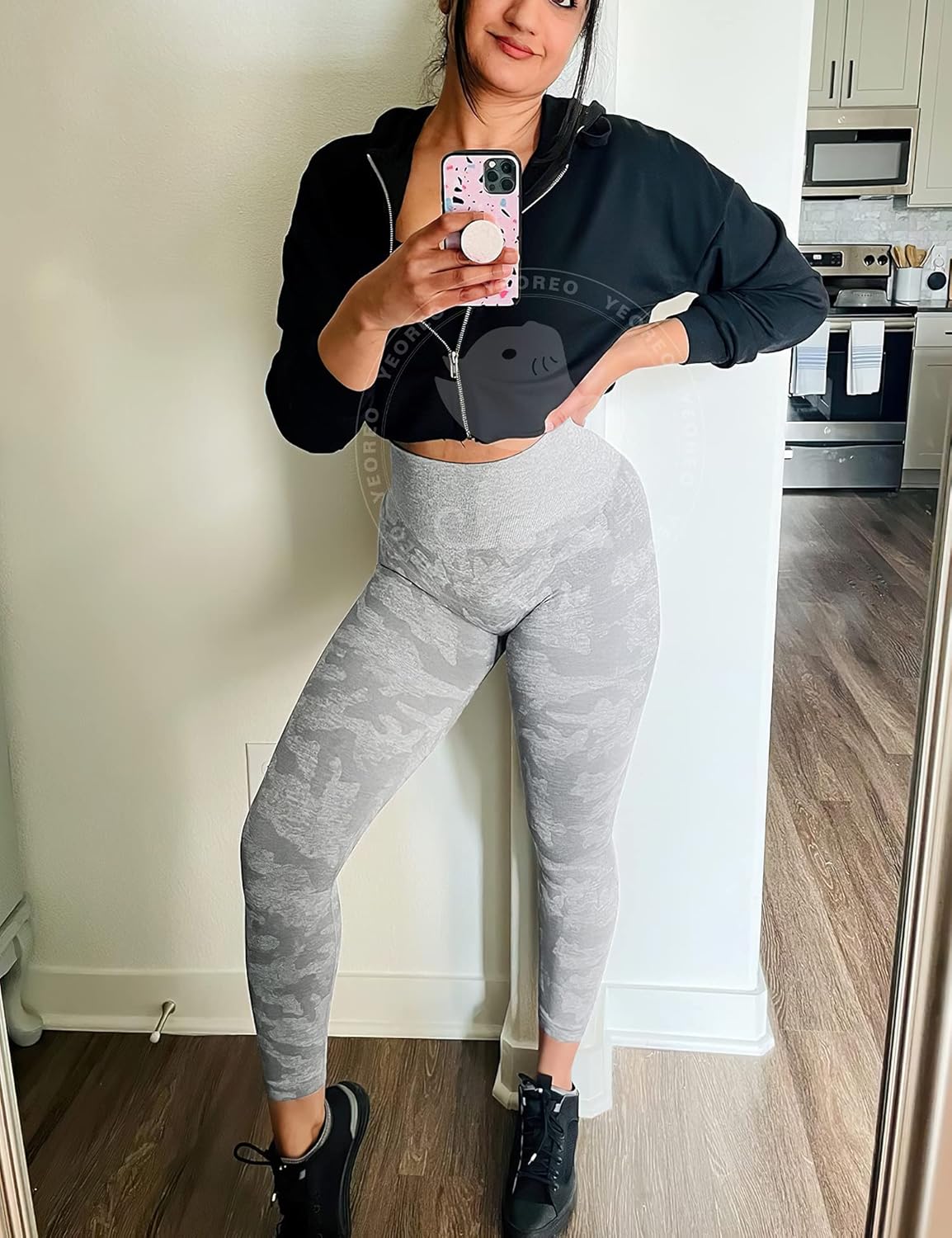 YEOREO Women's High Waisted Camo Workout Leggings - Seamless Tummy Control Yoga Pants | Grey, Size M