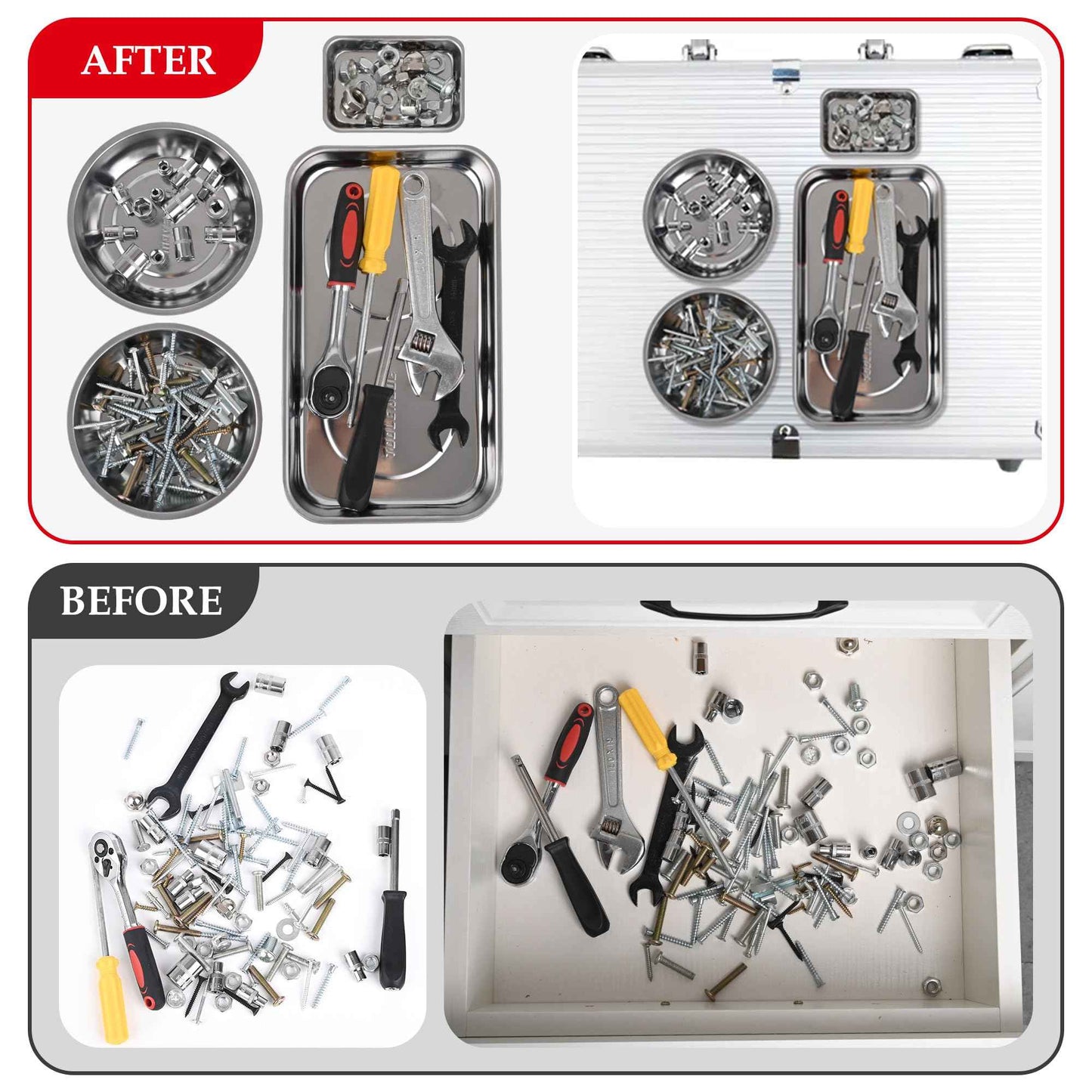 TOOLEAGUE 4Pcs Magnetic Tray Set with 15Lb Magnetic Pickup Pen,Stainless Steel Trays with Extra Strong Magnets for Organizing and Retrieving Metal Parts