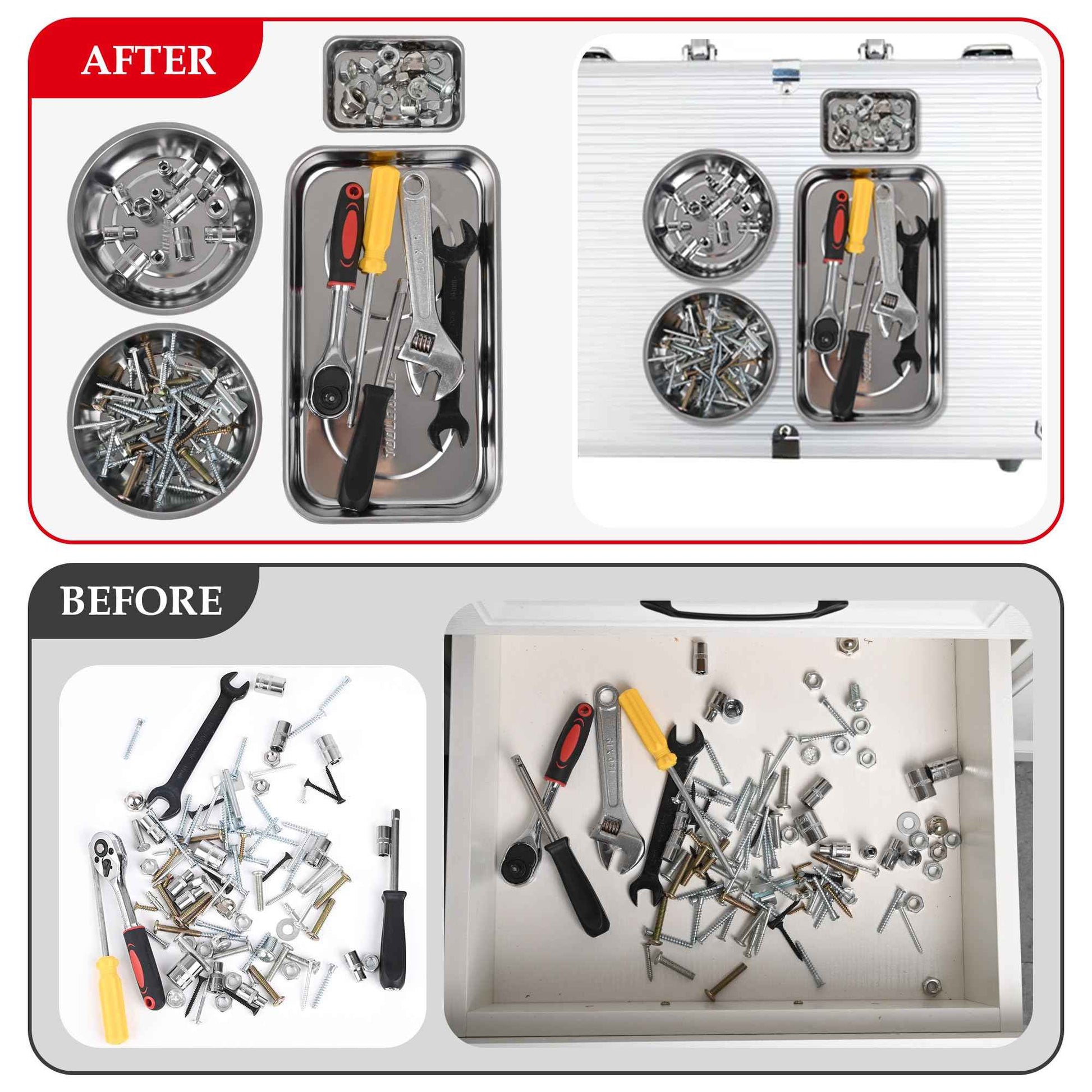 TOOLEAGUE 4Pcs Magnetic Tray Set with 15Lb Magnetic Pickup Pen,Stainless Steel Trays with Extra Strong Magnets for Organizing and Retrieving Metal Parts