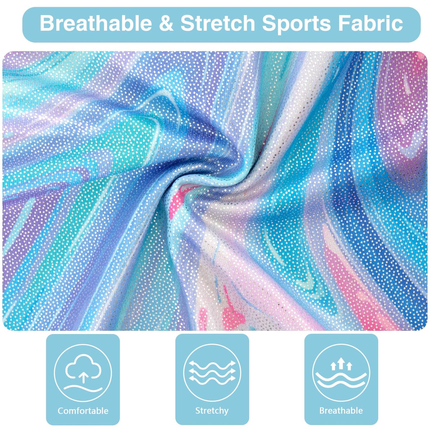 HOZIY Gymnastics Leotards for Girls Marble Blue Sleeveless Sparkle Unitard Tumbling Outfits with Shorts Scrunchie 3 Piece Activewear Sports Size 6-7