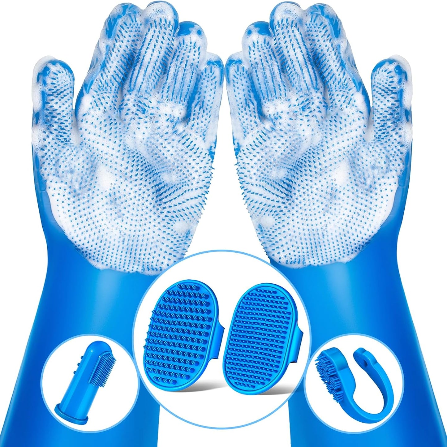 Augwind 6PCS Pet Grooming Kit - Dog Bath Gloves, Shampoo Brush & Washing Tools | Navy Blue