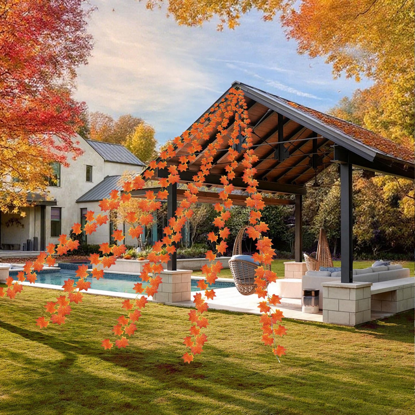 13.5FT*5 Branches Maple Leaf with Fairy Lights, Solar Powered Autumn Fall Decor String Lights, 8 Modes Waterproof Triangular Thanksgiving Decorations for Eaves, Tree, Patio, Garden, Yard (Maple Leaf)