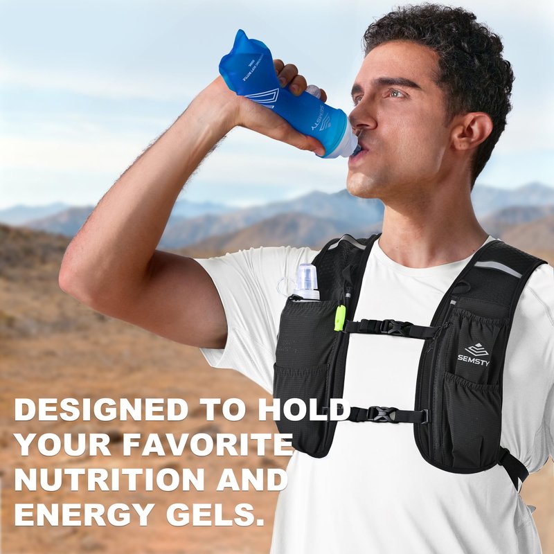 SEMSTY Running Vest for Women Men, 5L Hydration Vest with Dual 500ml Soft Flask, Lightweight Water Backpack, Adjustable Chest Straps Hydration Backpack for Running Cycling Hiking
