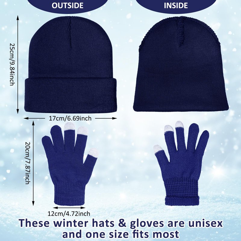 SATINIOR 56 Pcs Bulk Winter Beanie Hat Gloves Sets for Homeless Men Women Touchscreen Gloves Knit Cuffed Skull Cap Care Adult(Navy Blue)