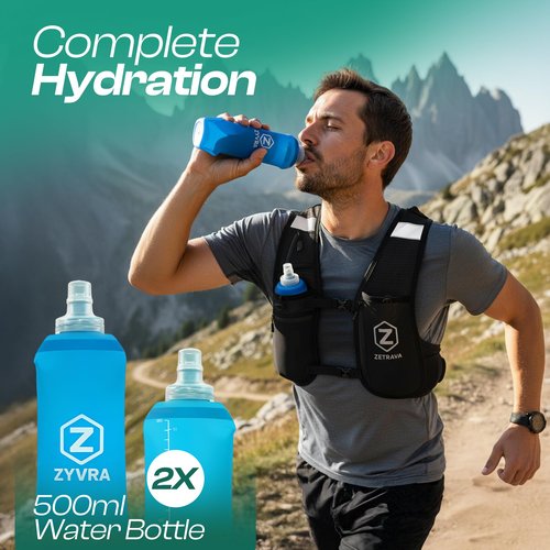 Adjustable Running Vest for Men Women – Running Hydration Vest with Two 500ml Bottles & Reflective Strips, Multiple Pockets & Bounce-Free Fit – Runners Vest for Marathon, Hiking & Cycling – Black
