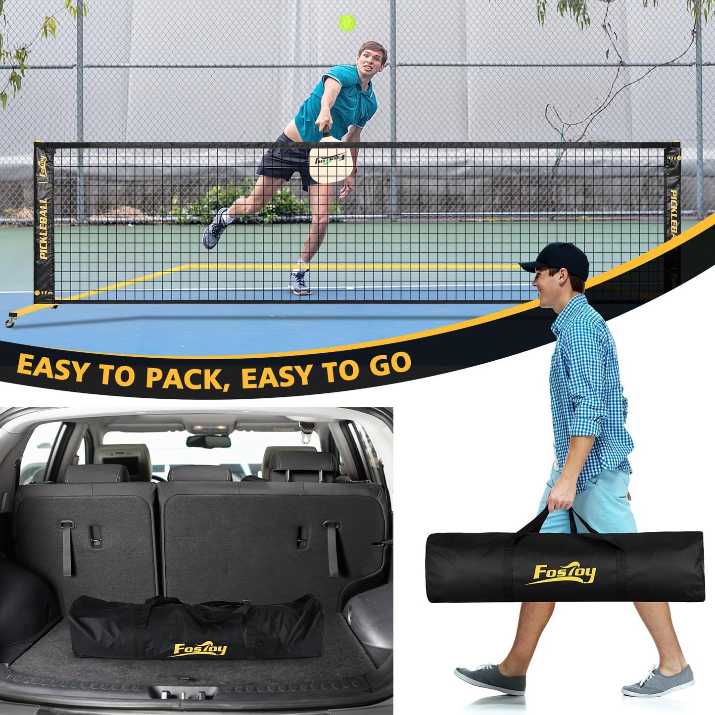 Portable Pickleball Net Set with Wheels, Regulation Size 22 FT & Half Court 11 FT, Steady Metal Frame Pickle Ball Net Set System with Carry Bag for Backyards, Driveways, and Garages