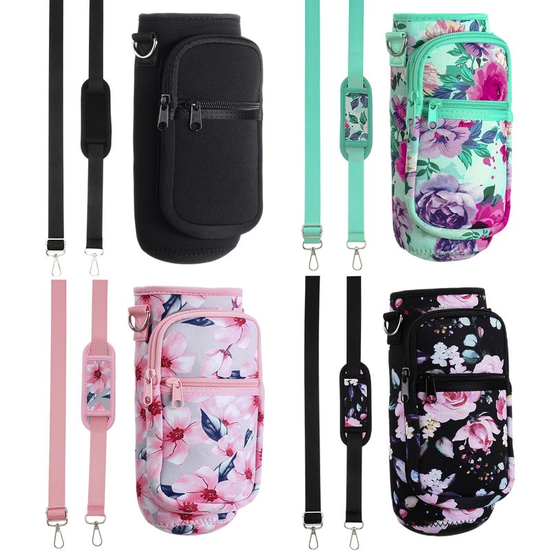 Singhoow 4 Pack 32 oz Water Bottle Sleeve with Strap, Crossbody Bottle Carrier Bag with Phone Holder for Walking Hiking Gym Travel(Flower Style,Bright Colors)