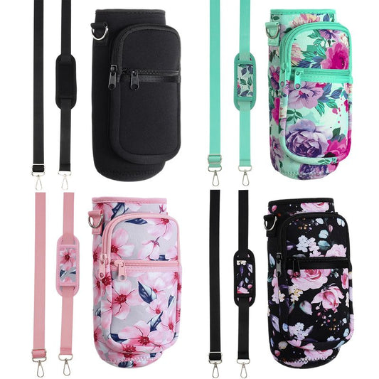 Singhoow 4 Pack 32 oz Water Bottle Sleeve with Strap, Crossbody Bottle Carrier Bag with Phone Holder for Walking Hiking Gym Travel(Flower Style,Bright Colors)