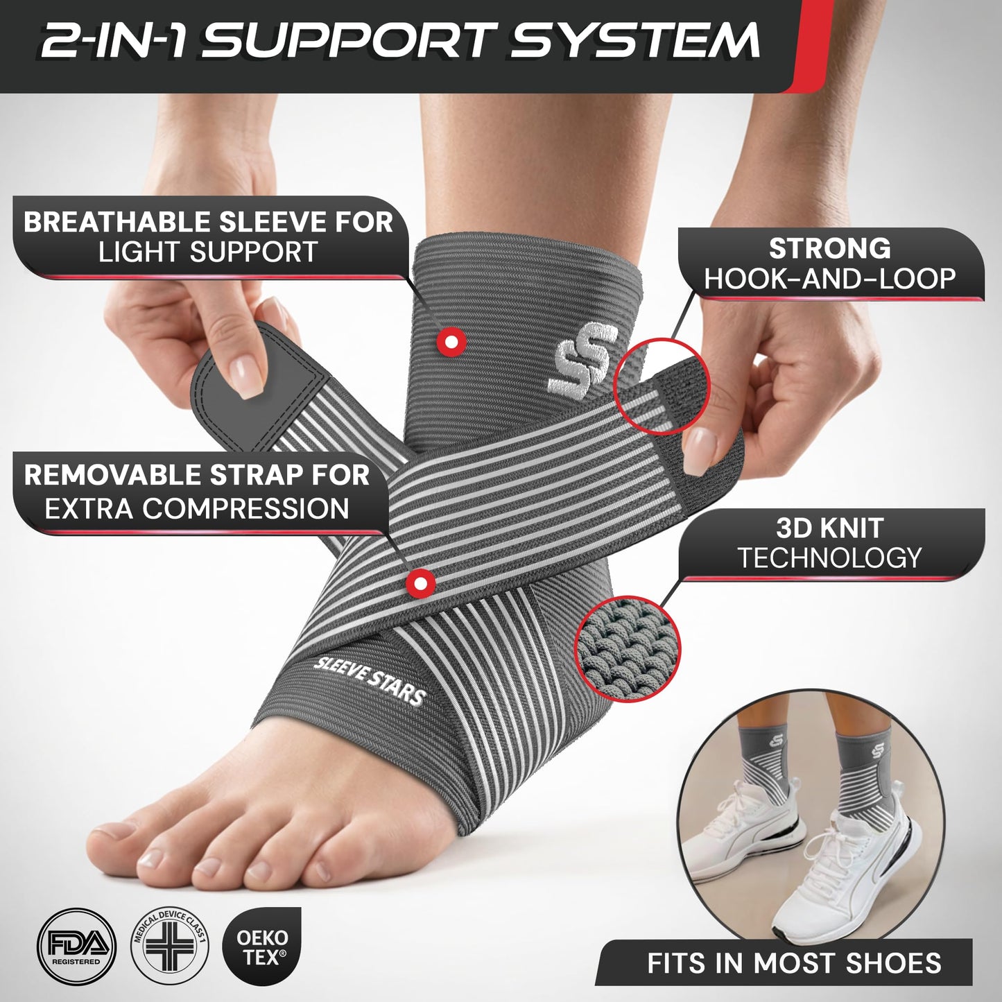 Sleeve Stars Ankle Brace for Women & Men, Ankle Wrap for Sprain, Compression Sleeve for Plantar Fasciitis Relief, Easy Customizable Support: w/ Removable Strap (Pair/M:10"-12"/Grey)