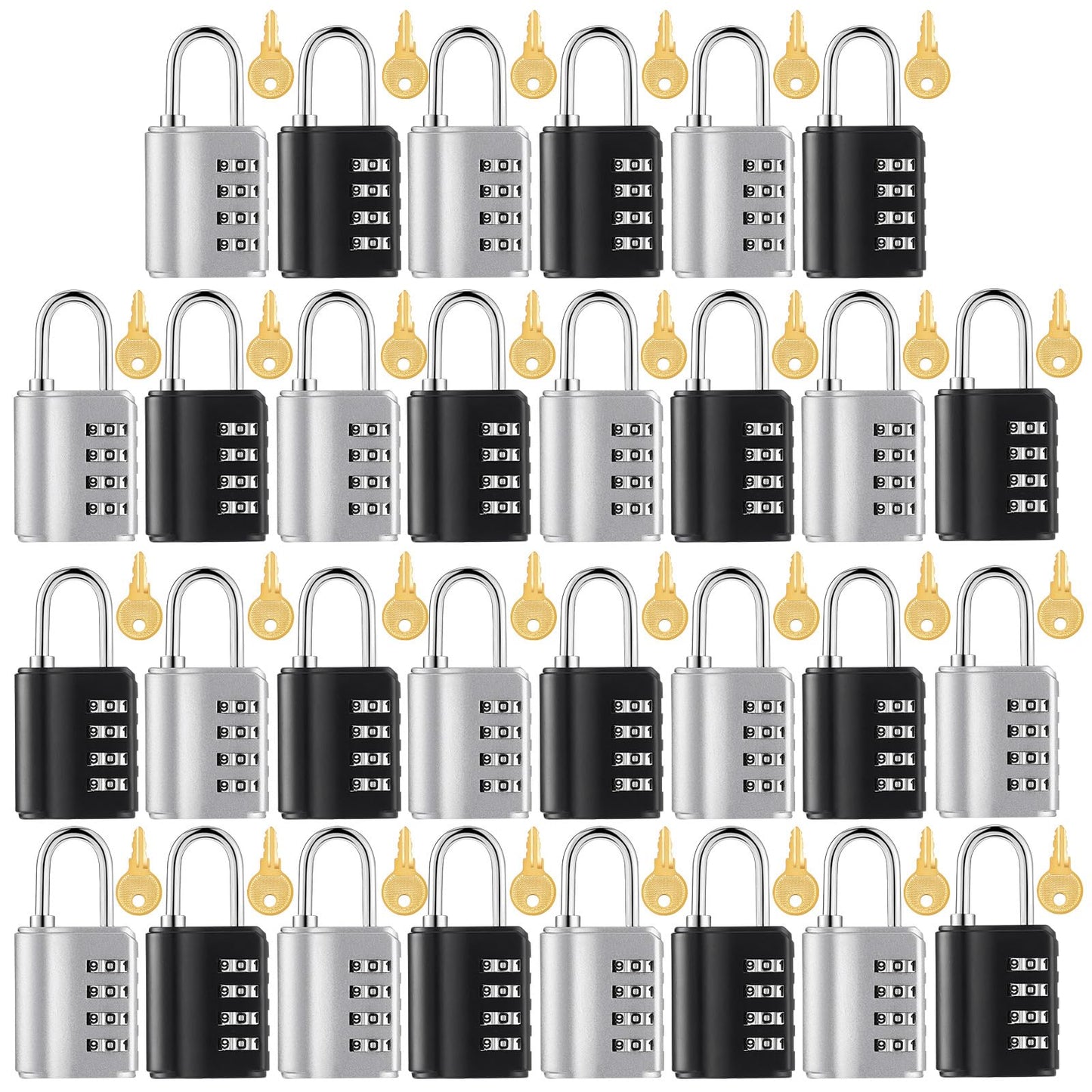 Kenning Combination Padlock 4 Digit Combination Lock with Keys Locker Resetable Security Outdoor Waterproof Lock for School Sports Gym Locker Employee Fence Case (Black Silver,30 Pcs)