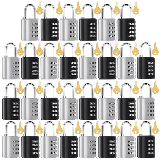 Kenning Combination Padlock 4 Digit Combination Lock with Keys Locker Resetable Security Outdoor Waterproof Lock for School Sports Gym Locker Employee Fence Case (Black Silver,30 Pcs)