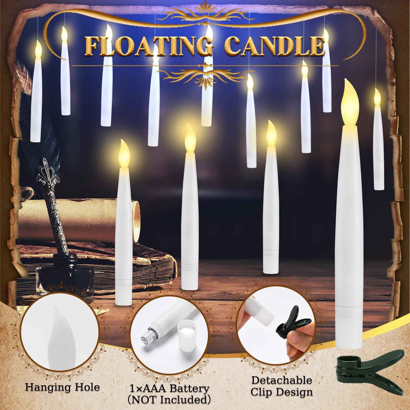 Halloween Decorations - Floating Candles with Wand & 6-Hour Timer - Flameless LED Hanging Candles with Clip, Battery Operated Window Taper Candle for Indoor/Outdoor Halloween & Holiday Decor 12PCS