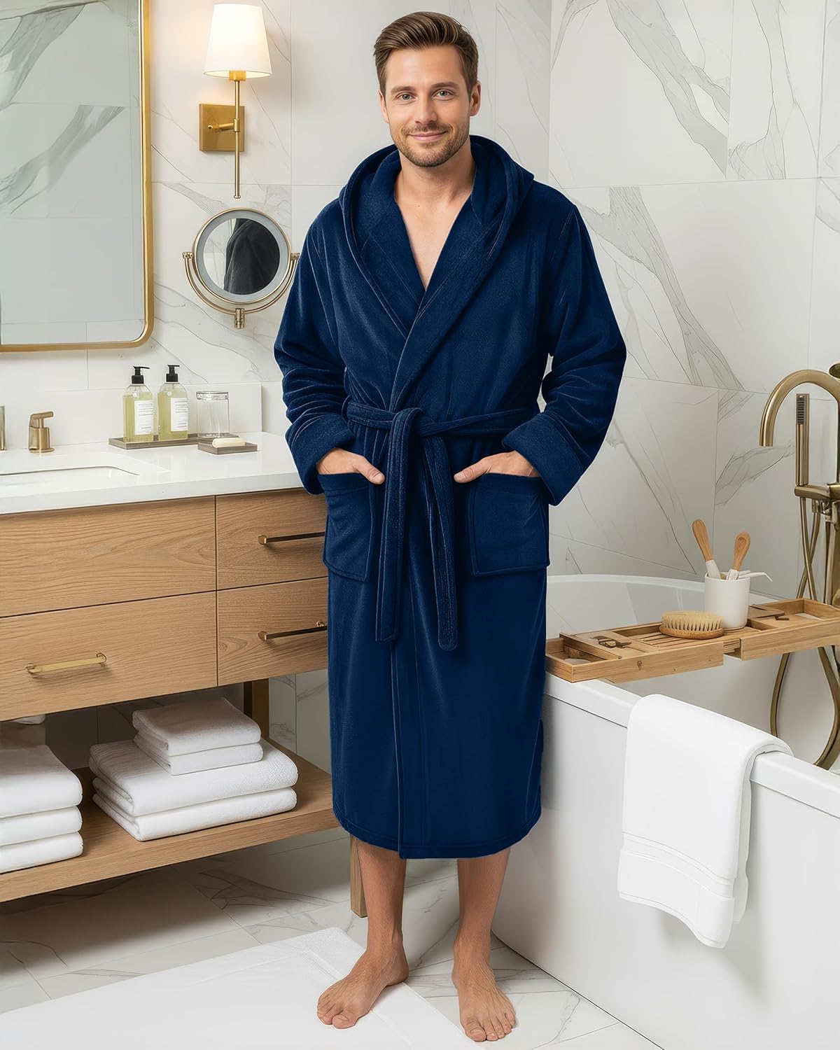 NY Threads Men's Hooded Robe - Luxury Plush Fleece Bathrobe for Spa & Relaxation