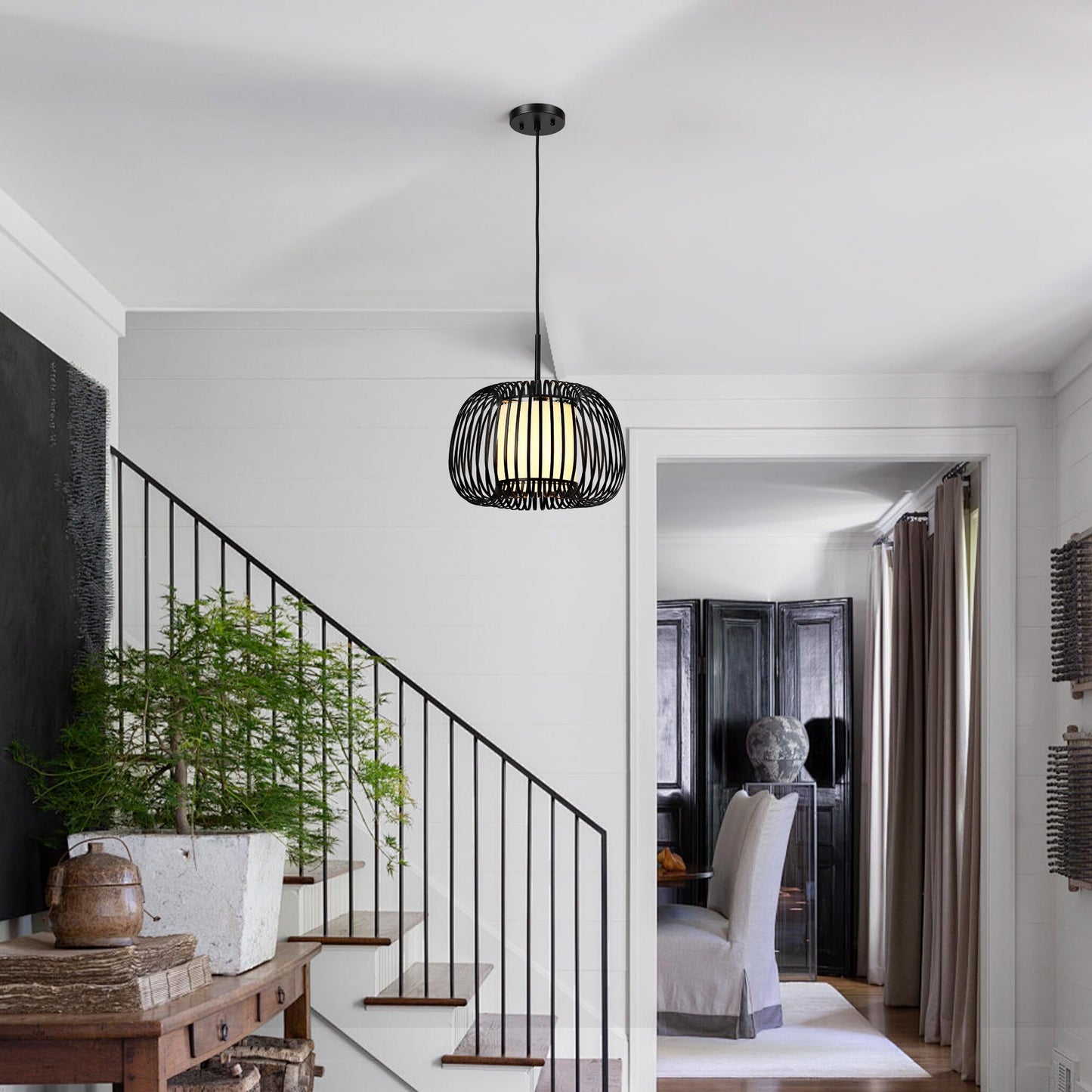 Black Chandeliers Ceiling Light Fixture, 13.7" Modern Chandelier Drum Metal Frame Pendant Light, Adjustable Hanging Chandelier for Over Table Dining Room Entryway Kitchen Island Living Room(1 Pack)