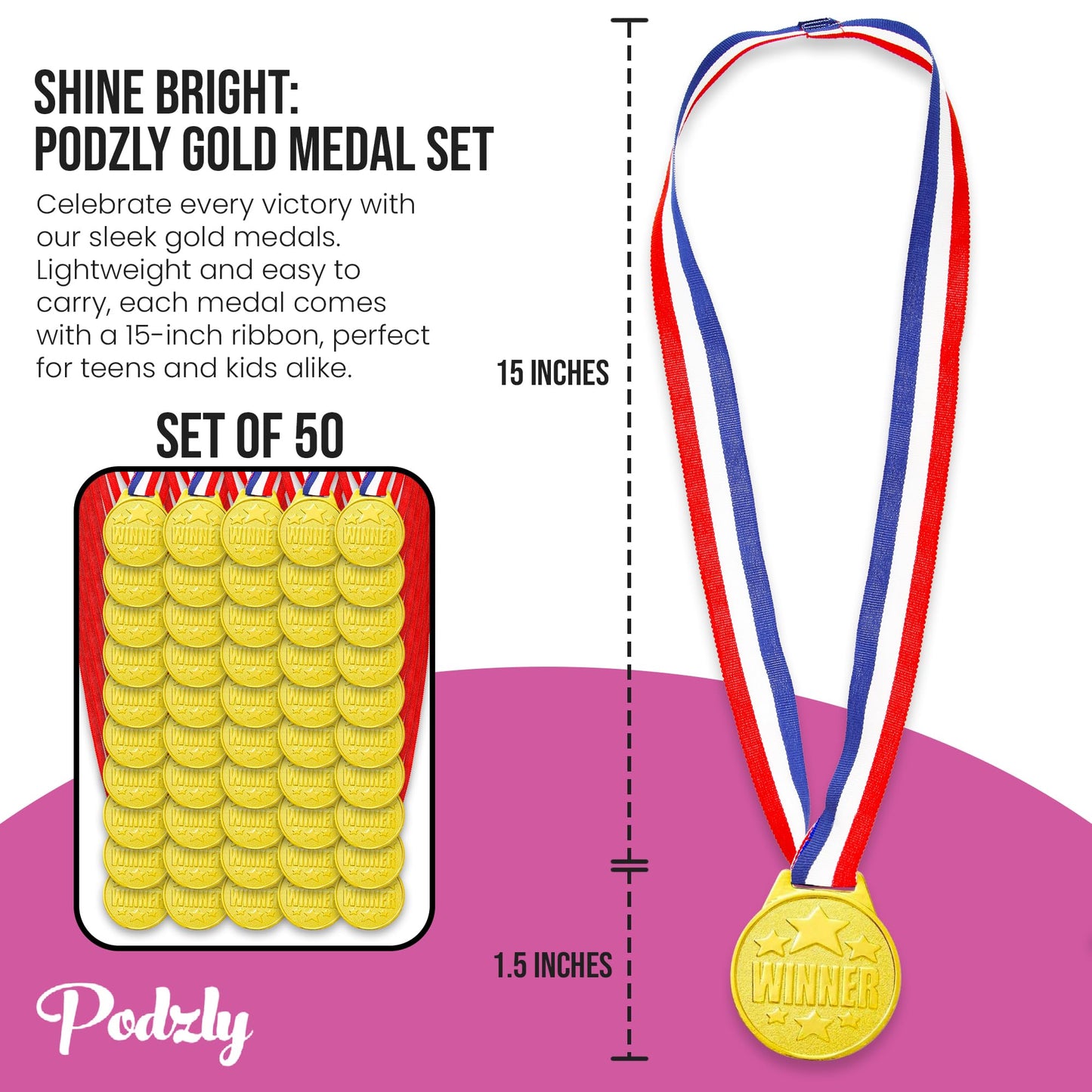 Podzly 50 Piece Goldtone Plastic Award Winner Medal Set - Ideal for Sports, Games, Competitions, Rewards, Talent Shows, Parties, Party Favors, or Decor - Stylish Gold Medals with Ribbons for Kids