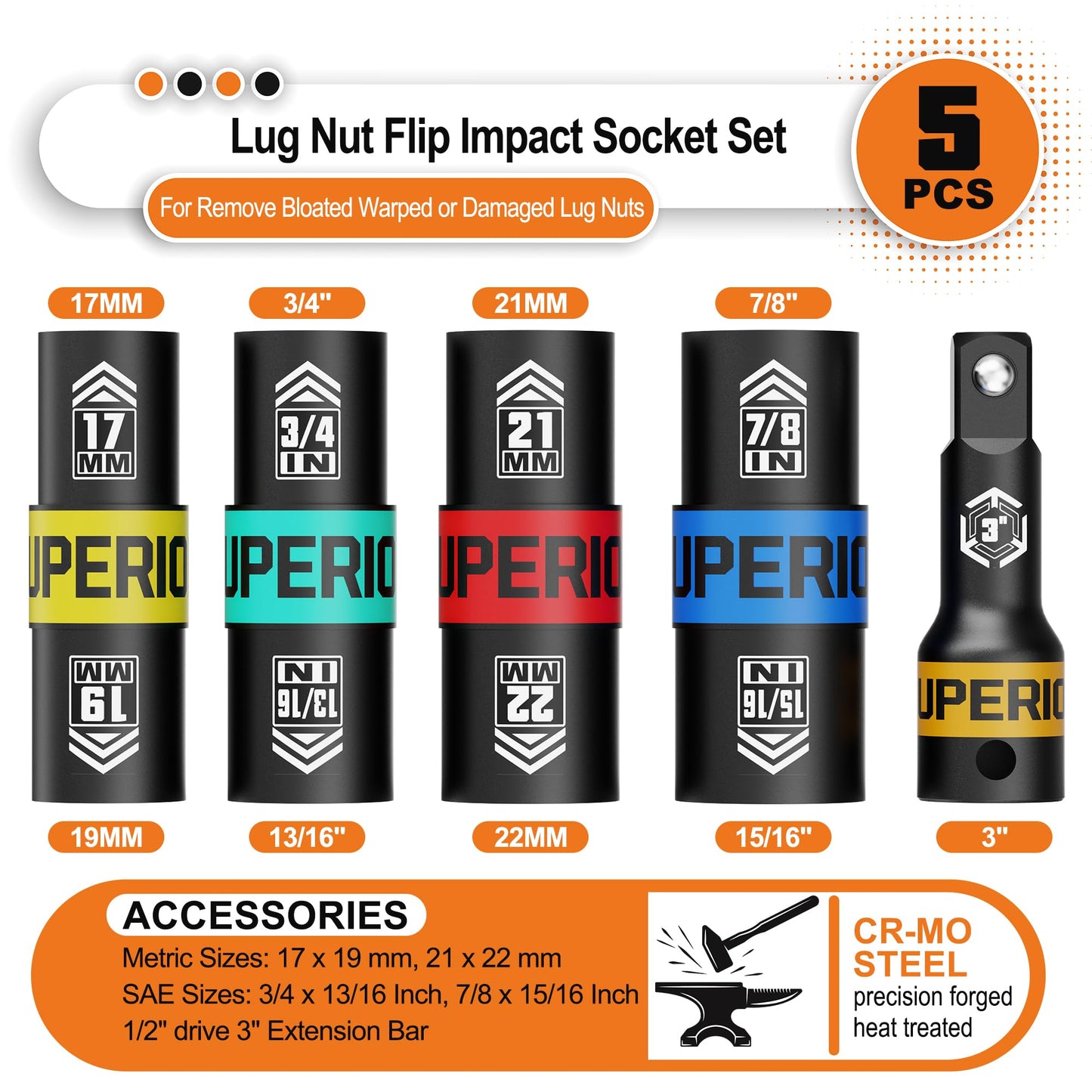 Aiourx 1/2" Drive Lug Nut Impact Socket Set, 5 Pcs Impact Sockets, Flip Socket Set, Thin Wall Nut Sockets with 3" Extension Bar, Remove Bloated Warped, Damaged Lug Nuts