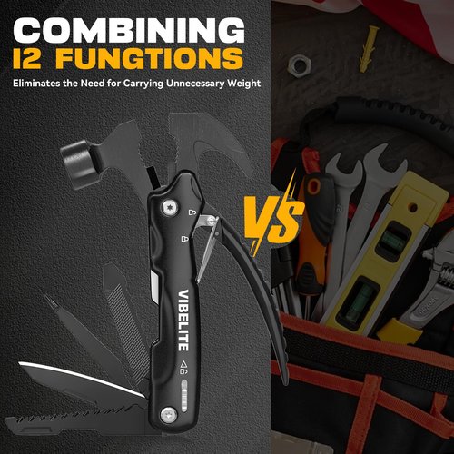 Gifts for Men, 12 in 1 Multitool Hammer for Camping, Hunting, Hiking, Birthday Gifts for Men, Dad, Him, Husband, Boyfriend, Women, Mens Gift from Daughter, Wife, Son, Black