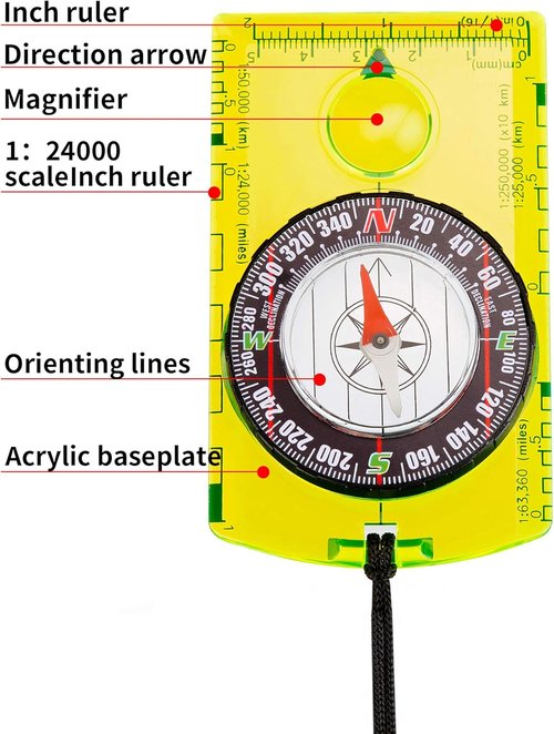 Gejoy Orienteering Compass Set - 6 Pieces with Declination, Magnifier & Ruler for Hiking & Navigation