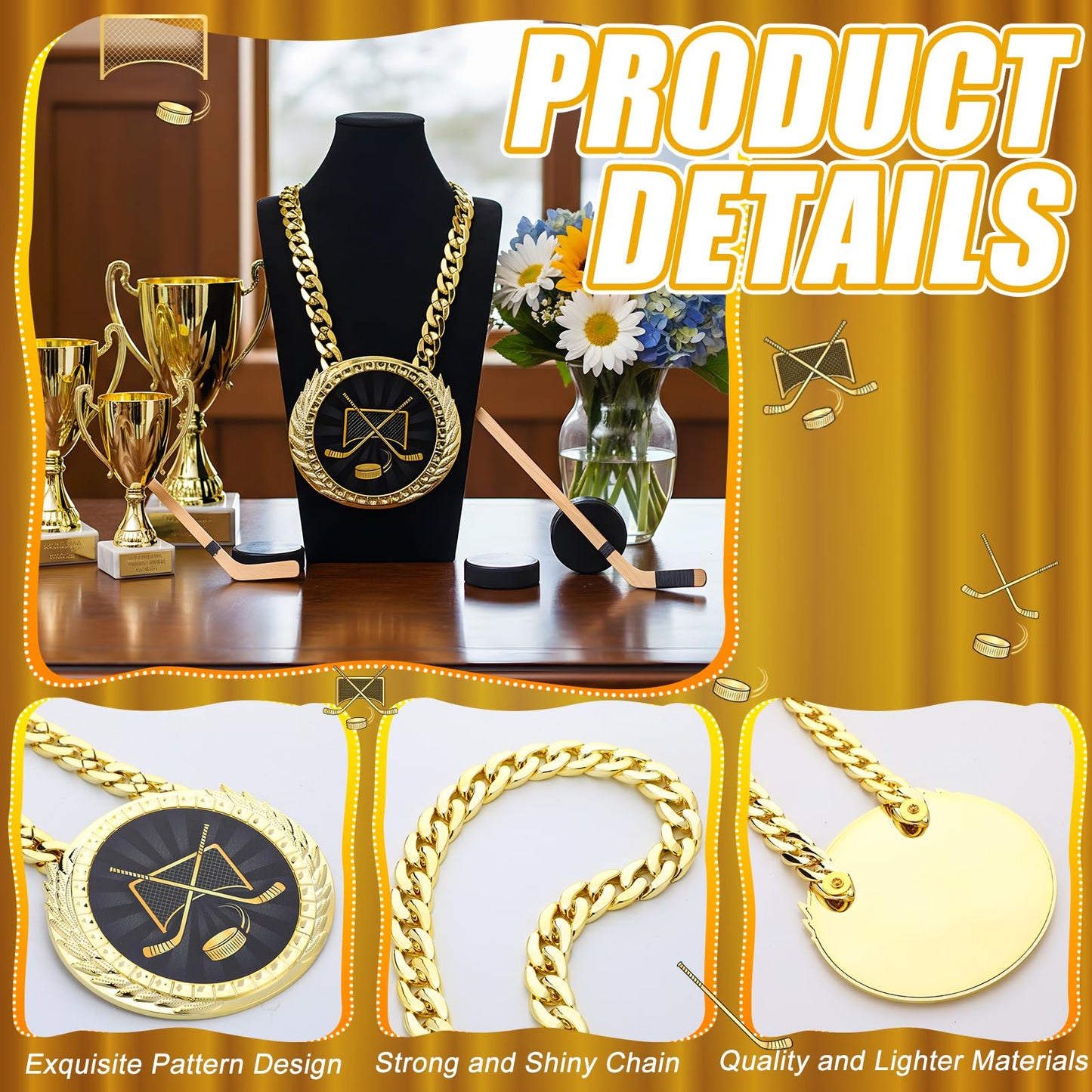 Tondiamo Sports MVP Turnover Chain Medal 6 Big Gold Champ Award Necklace Chain Baseball Basketball Football Soccer Softball Volleyball Competitions Prize Gifts Party Favors(Hockey)