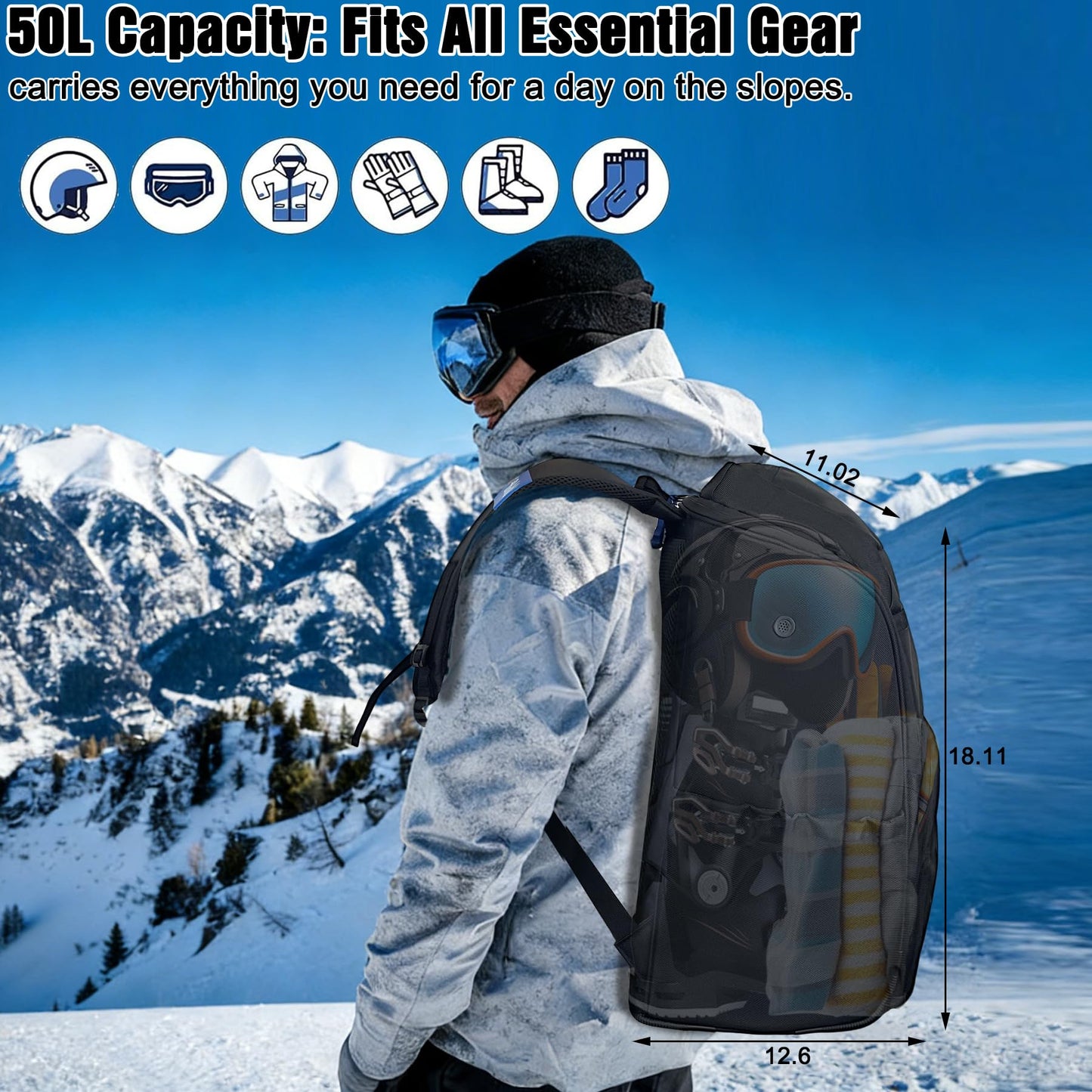 WOLT Ski Boot Bag Backpack,Waterproof Snowboard Gear Backpack,Ski Travel Backpack for Helmet Goggles Gloves&Accessories 50L Black