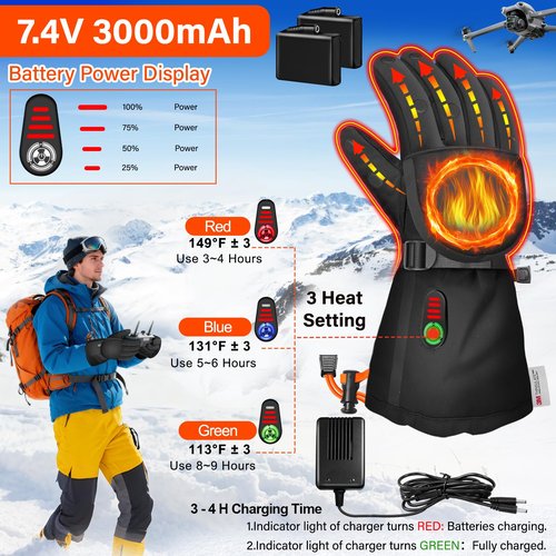 Heated Gloves for Men Women,Photography Gloves with Rechargeable 7.4V 3000mAh Battery,Flip Tech Finger Caps with Magnets,Hand Warmer in Winter Cold Weather for Drone/Fishing/Hunting/Motorcycle - L
