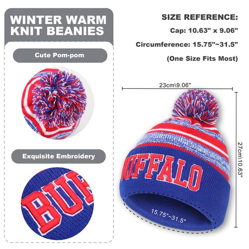 Buffalo Winter Beanie Hat Circle Scarf Set, Warm Football Knit Beanie Hat, Neck Warmer Scarves, Stylish Pom Pom Beanie Cap, Winter Gifts for Sport Fans with Stickers