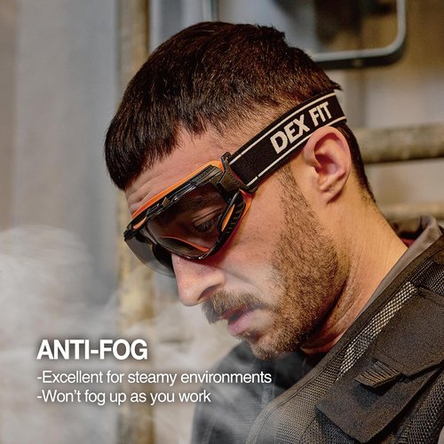 DEX FIT Safety Goggles - Wide-Vision Lab & Chemical Splash Protection | Anti-Fog, Scratch Resistant, Black/Orange, Smoke Lens