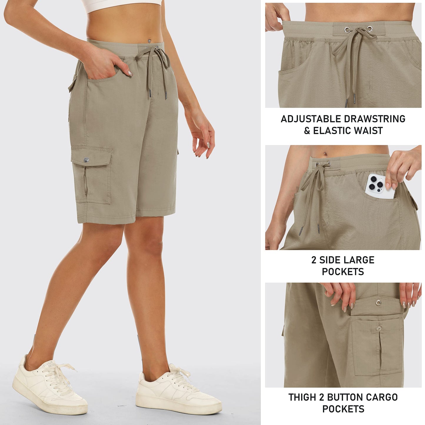MoFiz Women's Hiking Long Shorts 10" Quick Dry Cargo Shorts for Women Lightweight Knee Length Athletic Shorts with Pockets Khaki XL