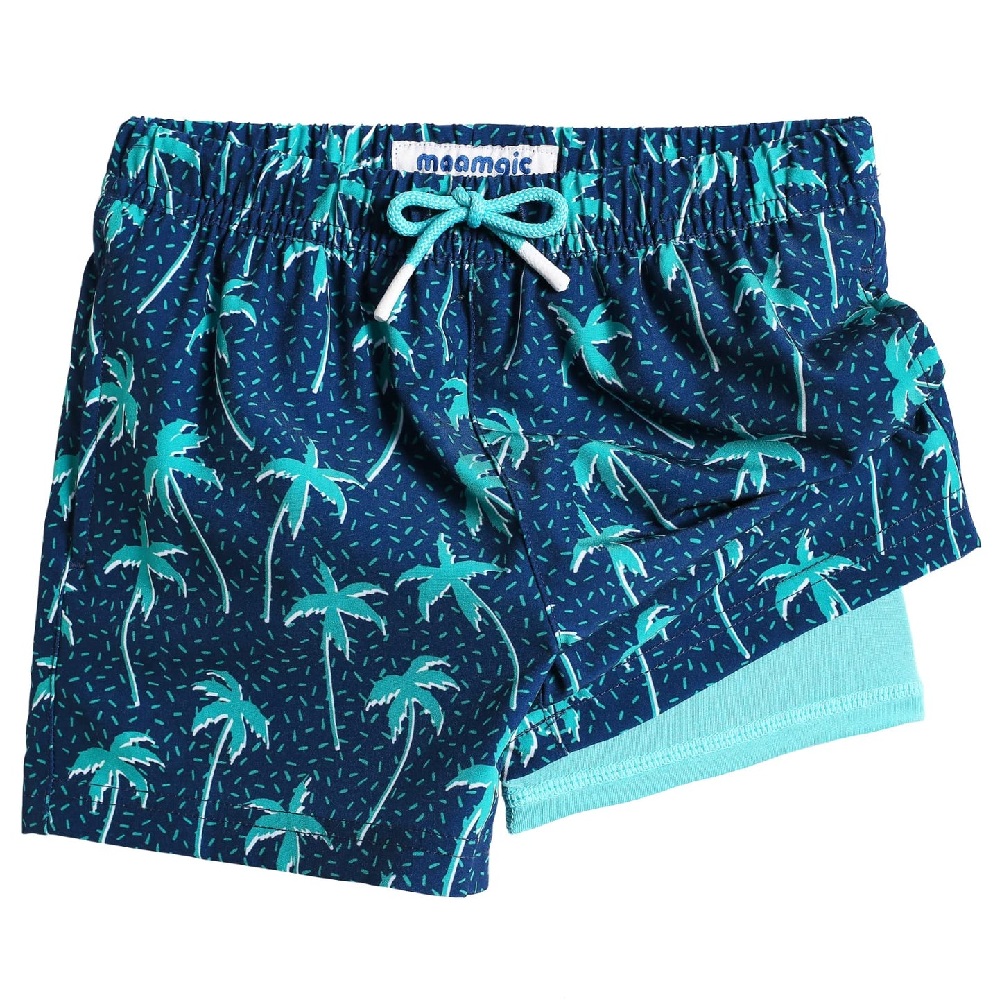 maamgic Boys Swim Trunks with Compression Liner Toddler Stretch Swim Shorts Quick Dry Swimming Trunks Boxer Brief 2 in 1 Beach Shorts Navy Blue Coconut 2T