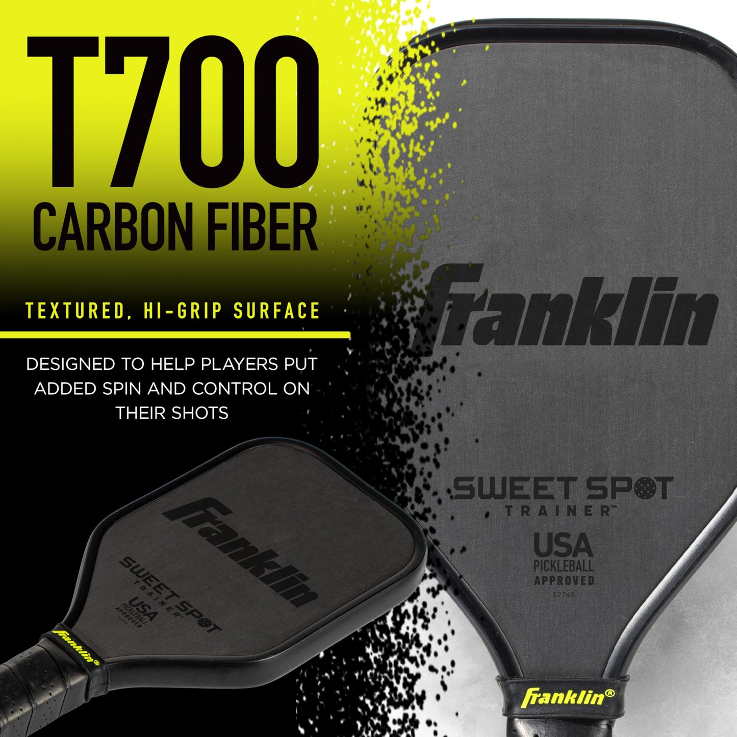 Franklin Sports Sweet Spot Training Pickleball Paddle - THE Original Pickleball Trainer Practice Paddle - Mini Head + Extra Long Handle for Shot + Swing Training - 16mm Core + T700 Carbon Face
