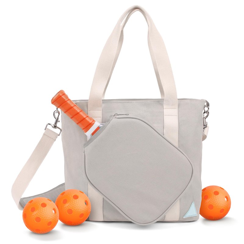 VERLY Pickleball Bag - Large Gray Canvas Tote Bag for Women and Men, Fits 2 Pickle Ball Paddles & Shoe Storage, Adjustable Strap, Fence Hook, Pickleball Gifts & Accessories