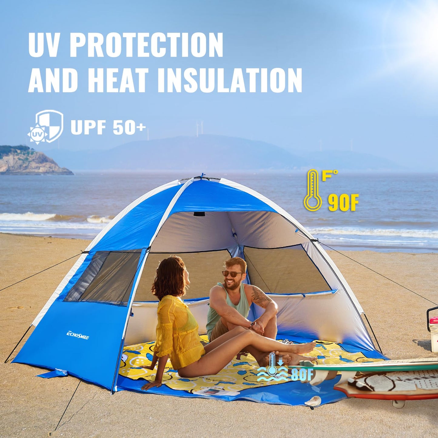 EchoSmile Beach Tent Sun Shelter for 3/4 Person with UPF 50＋ UV Protection, Lightweight & Easy Setup Beach Shade Canopy, Portable Beach Shade Tent Beach Cabana(Dark Blue)